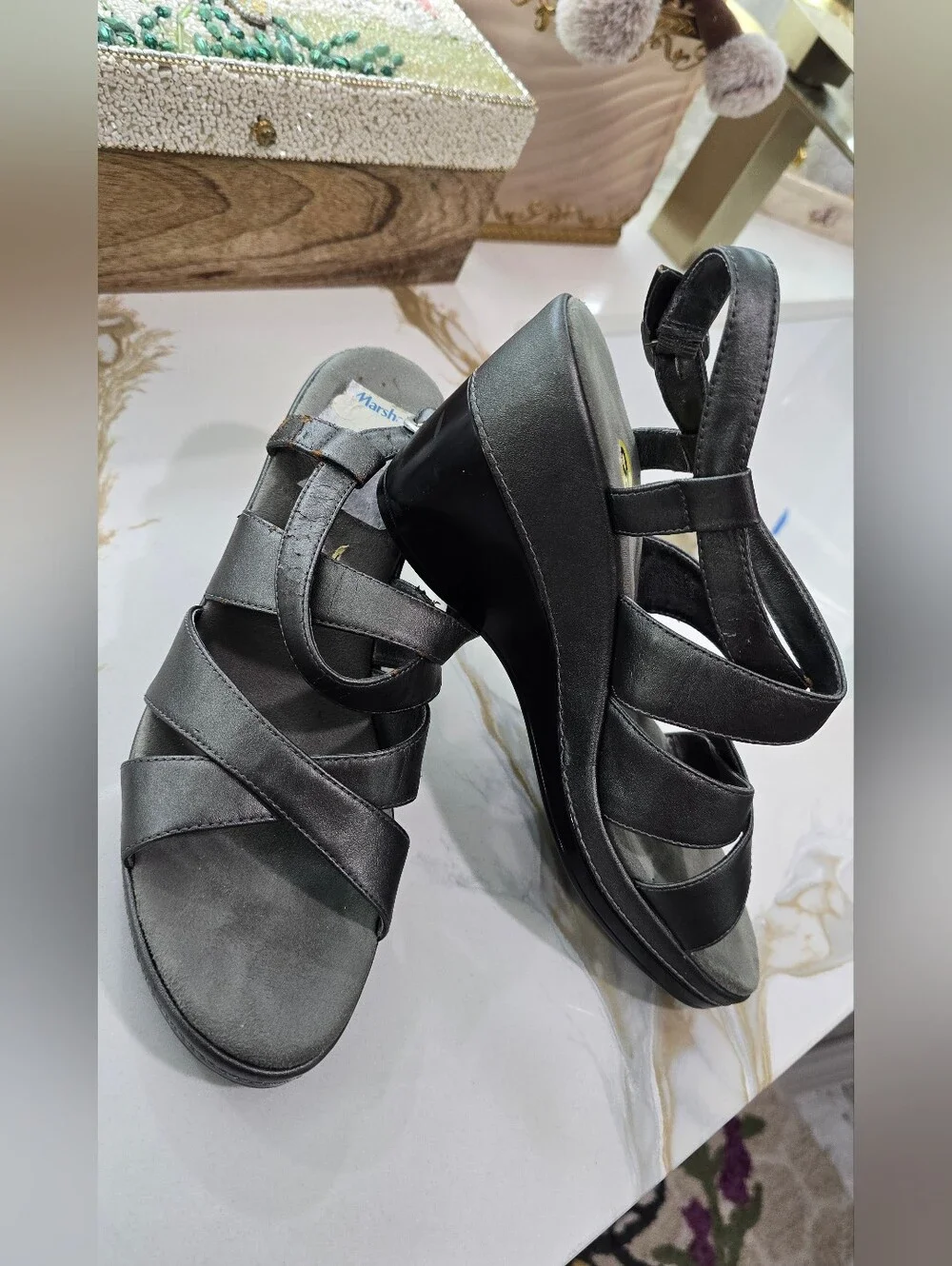 Women's Black Wedge Sandals with Strappy Design